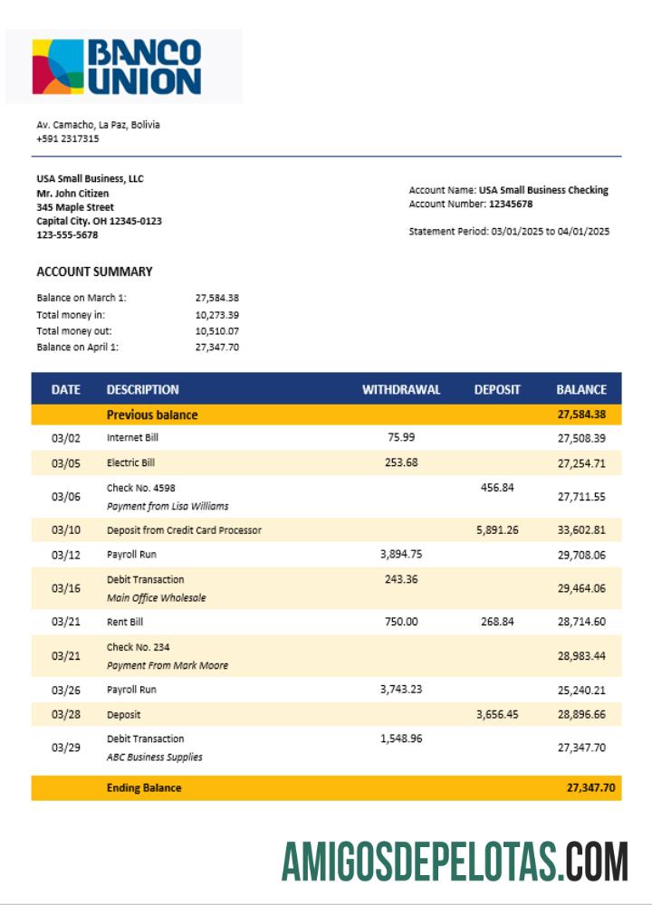 Exemplo de declaração de empresa de negócios do Banco Union Bank em formato Word e PDF